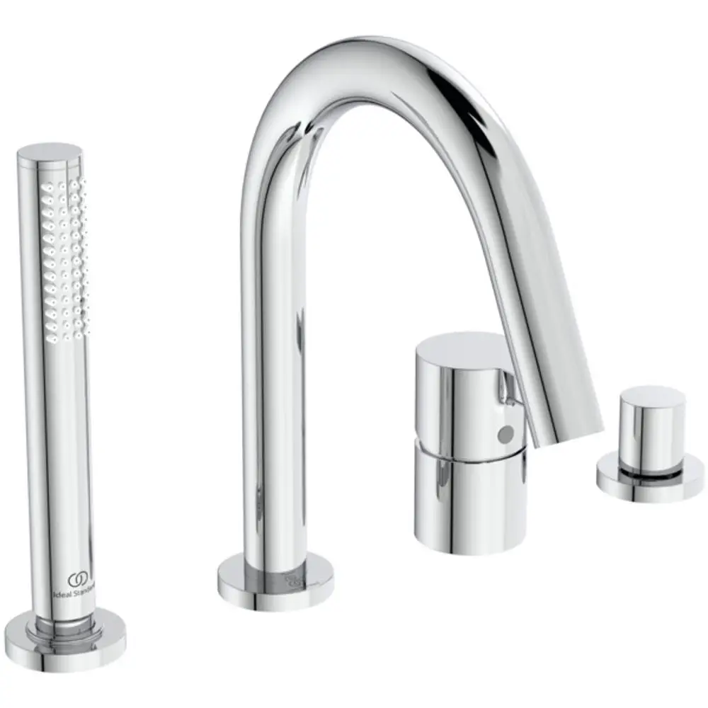 Chromfarbener Wannenrandarmatur von Ideal Standard mit Auslauf, Handbrause und Umsteller in einem 4-Loch-Design. Klar strukturierter Wasserhahn für moderne Badezimmer.